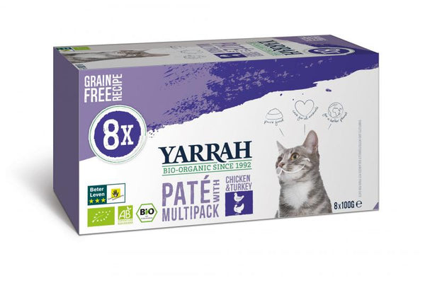 Yarrah multi-pack biologique pour chats - poulet & dinde (8x100gr)